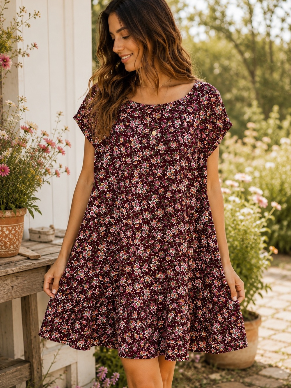 Natural Life Floral Mini Dress Burgundy Pink Boho Tiered Short Sleeve Size L/XL
